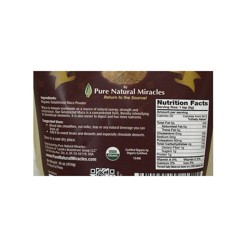 Pure Natural Miracles Organic Gelatinized Maca Root Powder (16 oz)