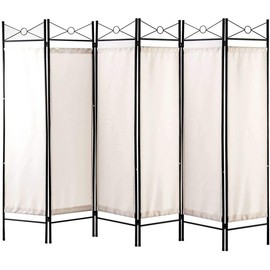 Legacy Decor 6 Panel Metal and Woven Fabric Room Divider with Two Way Hinges White Color