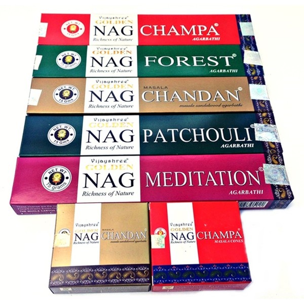 Vijayshree Golden Nag Champa Incense Sticks and Cones "All 7"