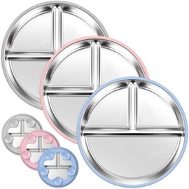 OVV Stainless Steel Kids Plates (3 Pack) 9 Inch Toddler Divided Plates with ﻿Removable Silicone Sleeves & 5 Suction Cups Baby Self Feeding | Mess-Free Mealtime | Dishwasher Safe
