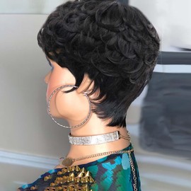 Yviann Pixie Cut Wig Human Hair Short Hair Wigs Pixie Curly Hair Wigs for Women 100% Short Human Hair Wig with Bangs Glueless None Lace Wig Daily Wear Black Color 1B#