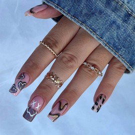Black Heart Press on Nails Long Square Fake Nails with Gold Glitter Design French tips Glue on Nails Leopard Stick on Nails Reusable Glossy Valentines Day False Nails for Women Girls Manicure 24pcs