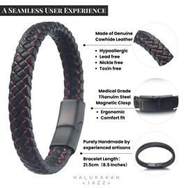 HALUKAKAH ● Nightwatch ● Men's Genuine Black Leather Titanium Bracelet Red Cord 8.46"(21.5cm) Magnetic Clasp with Free GIftbox
