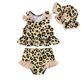 Happy Town Toddler Swimsuit Baby Girl Bathing Suit Sleeveless Bow Floral Bikini Top Ruffle Shorts with Hat Beach Swim Wear (Leopard, 2-3T)