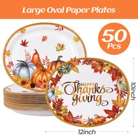 Lejof 50PCS Thanksgiving Oval Paper Plates -10" x 12" Heavy Duty Party Plates for Fall Party and Thanksgiving Day