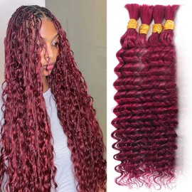 Burgundy Braiding Hair 16 Inch Deep Water Wave Bulk for Braiding 4 Packs 100g Curly Hair for Boho Braids Wet and Wavy 99J Red Braiding Hair
