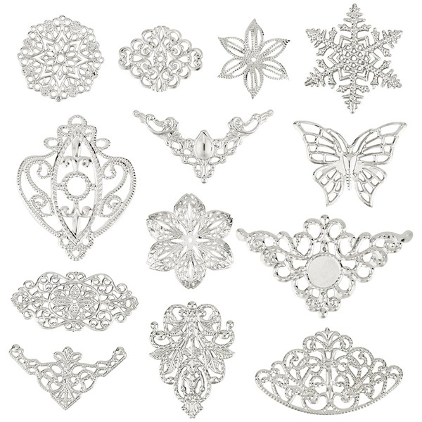 PH PandaHall 130pcs 13 Styles Filigree Connector Charms Links Platinum