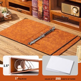 Ovesmusl PU Leather D Ring Binder Fits 8.5"x11" Letter Size Paper, 1 Inch D-Ring Binders Holds 250 Sheets, Notepad Paper Cover Loose Leaf Organizer with Inner Pockets, Brown Tree