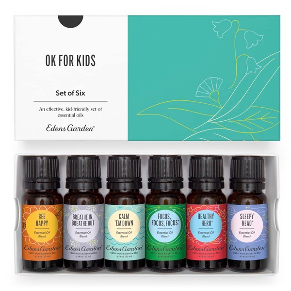 Edens Garden "OK for Kids" 6 Set, Best 100% Pure Essential Oil Synergy Blend Aromatherapy Starter Kit (Child Safe 2+, for Diffuser & Therapeutic Use), 10 ml