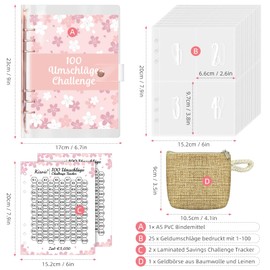 Kisvic Money Challenge Savings Book 100 Envelopes Challenge German, A5 Ring Binder Saving Organiser Money with Mini Purse, Budget Planner Money Saving Folder for 5050 Euro
