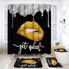 Arttown Black Bathroom Sets with Shower Curtain and Rugs and Accessories, Glitter Diamond Get Naked Shower Curtain Sets, Lips Shower Curtains for Bathroom,Black and Gold Bathroom Decor 4 Pcs