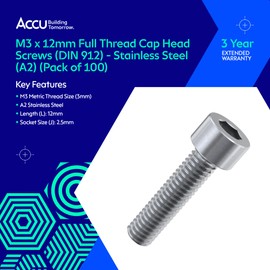Accu - M3 x 12mm Full Thread Cap Head Screws (DIN 912) - Stainless Steel (A2) (Pack of 100)