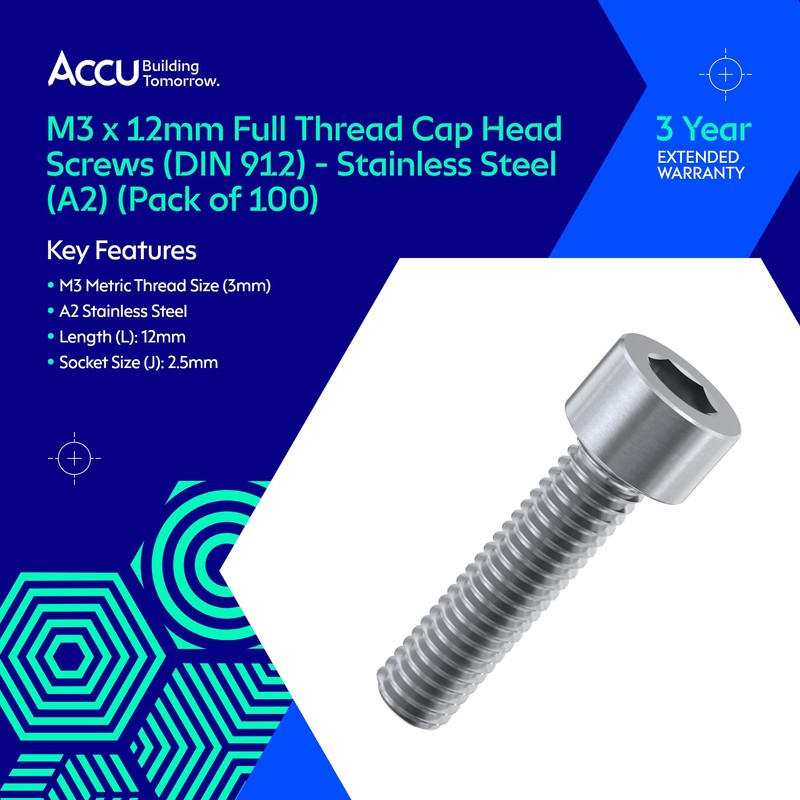 Accu - M3 x 12mm Full Thread Cap Head Screws