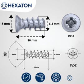 HEXATON Euro Screws with Countersunk Head 6.3 x 16 mm Pack of 100 Furniture Screws for Hinges Drawer Guides