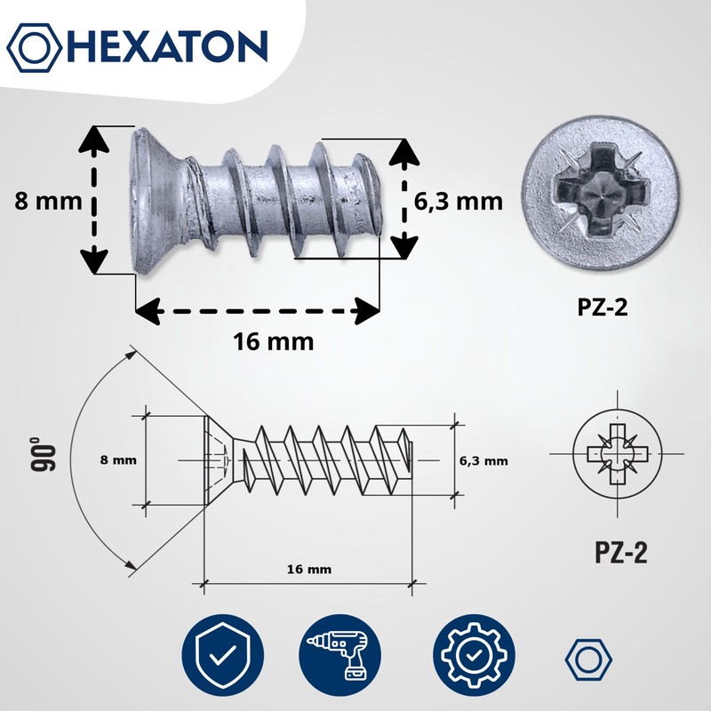 HEXATON Euro Screws with Countersunk Head 6.3 x 16 mm