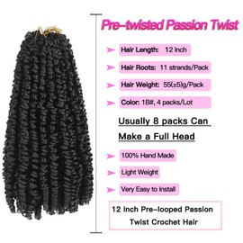 FFDDear 12 Inch Pre-twisted Passion Twist Crochet Hair 44 Strands Pre-Looped Passion Twist Braiding Synthetic Hair for Black Women Fiber Fluffy Curly Twist Braiding Hair Extensions(12 Inch 1B)