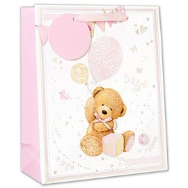Medium Birth of Baby Girl Gift Bag - Brown Bear Silver Foil 10" x 8.5"