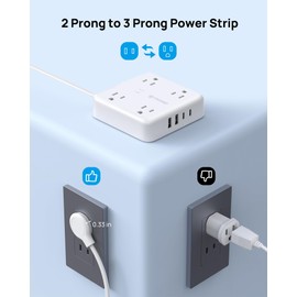 TROND 2 Prong Power Strip - 2 Prong to 3 Prong Outlet Adapter, Polarized Flat Plug, 4 AC & 4 USB, 5ft Extension Cord, Wall Mountable Surge Protector Outlet for Non-Ground Socket in Old House, White