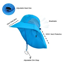 SZETOSY Kids Sun Hat with Neck Flap - Adjustable Summer Hat Wide Brim for Toddler and Boys Girls, Aged 2-10, blue