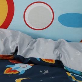 Sleepdown Dinospace Rocket Stars Navy Multi Reversible Duvet Cover Quilt Pillow Case Bedding Set Soft Easy Care - Single (135cm x 200cm)