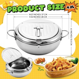 Reallnaive 4.4 Qt (4.2 L) Deep Fryer Pot 304 Stainless Steel Tempura Frying Pot with Lid and Oil Drain Rack Japanese Deep Fryer Pan with Temperature Control for Kitchen French Fries, Chicken