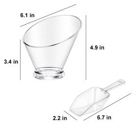 6 Pcs Clear Plastic Angled Serving Bowls and Scoops, 3 Salad Serving Bowls Candy Bowls (19 oz) and 3 Kitchen Plastic Popcorn Scoops, Candy Container for Salad Fruit Snacks Appetizer Bar Catering