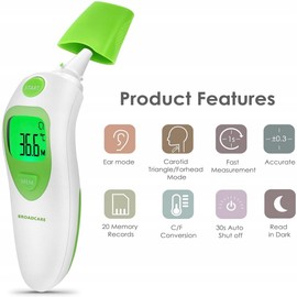 Non-Contact Thermometer, 4-in-1 Digital Temperature Measurement for Body, Ear, and Object - Fever Alarm, 20 Record Memory, CE Certified, Green & White