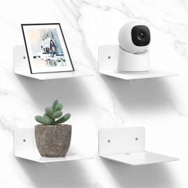 Qixora Mini Floating Shelves, Set of 4 Acrylic Wall Shelves, Small, Small Shelf Wall with Cable Hole, White Acrylic Wall Shelves Set for Bathroom, Living Room, Bedroom, Kitchen, Office, 2 Types of