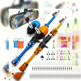 Telescopic Pmma Fishing Rod and Reel Combo for Kids Child Rod Reel Lure Frog Hook Box Bag in One SetLength: 1.5m(4.92ft), Color: blue and orange fishing pole kit