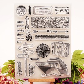 Travel Steamship Compass Seashell Trunk Clear Stamps Silicone Stamp Cards with Sentiments ,Arrow Sign Pattern Transparent Seal Stamps for Holiday Card Making Decoration and DIY Scrapbooking Album DIY
