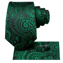 Hi-Tie Men 63inches Tie Set Extra Long Necktie Paisley Tie Pocket Suqare Cufflinks Big and Tall Men Tie,Black Green Floral