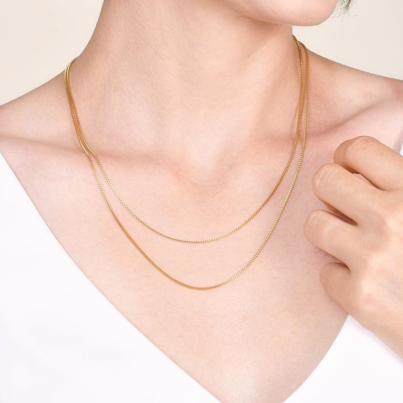 UNAHKTHY 14K Solid Yellow Gold Box Chain Necklace, Available in