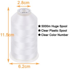 New brothread New brothread - Single Huge Spool 5000M Each Polyester Embroidery Machine Thread 40WT for Commercial and Domestic Machines - White