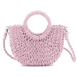 QTKJ Mini Semi-circle Rattan Straw Handbags, Hand-woven Women Summer Retro Straw Tote Bag Shoulder Bag Crossbody Bag Round Handle Beach Handbags (Pink)
