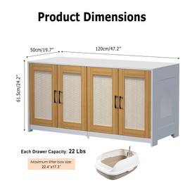 Litter Box Enclosure for 2 Cats, 47.2" Large Wood Hidden Litter Box Furniture for 2 Boxes with Sisal Doors and Sliding Drawers, Indoor Cat House TV Stand White