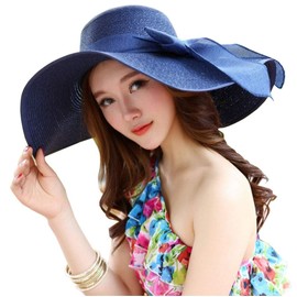 QUUPY Women Wide Brim Summer Hat Foldable Roll Up Beach Hats with Big Bow UPF 50+, blue, Einheitsgröße