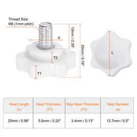 HARFINGTON 10pcs Star Knobs M6 x 10mm Male Thread 25mm Plastic 6-Point Head Stud Knob Hand Tightening Clamping Screw Replacement Threaded Handle, White