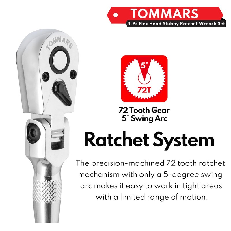 TOMMARS Flex-Head Stubby Ratchet Set, 1/4", 3/8", 1/2" Drive Flexible