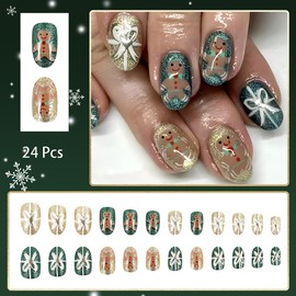 24Pcs Christmas Press on Nails Short Almond Fake Nails with Glitter Designs Xmas Gingerbread Man Bow False Nails Full Cover Acrylic Nails Glue on Nails Reusable Holiday Artificial Nails for Women Girl