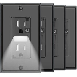 SOZULAMP Black Wall Outlet with Night Light,Electrical Tamper Resistant Receptacle,15 Amp 125Volt,Built-in Nightlight, Receptacle Outlet with Wallplate(4Pack,Glossy Black)