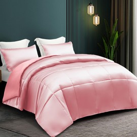 Whale Flotilla 3-Piece Reversible Silky Soft Queen Comforter Bedding Set, Luxurious Satin Comforters Full Size with 2 Satin Pillowcases, Lightweight Duvet for All Seasons, Pink