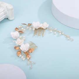 Xerling White Flower Gold Leaf Hair Vine Vintage Hair Combs Headpiece Hair Accessories for Women Flower Girls Bride Wedding Prom Headband (Gold)