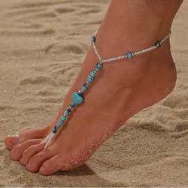 Andelaisi Boho Bead Barefoot Sandal Chain Ankle Vintage Heart Turquoise Foot Chain Blue Beads Toe Ring Ankle Bracelet Summer Beach Toe Link Chain Bracelet Jewelry for Women