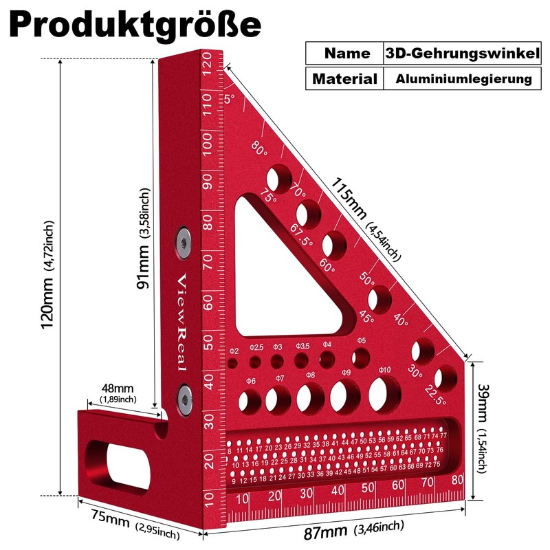 3D Mitre Square Multifunctional 22.5-90 Angle Measure Aluminium Alloy High