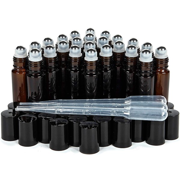 24 Pk, Amber, 10 ml Glass Roll-on Bottles , Stainless Steel Roller + 3 Droppers