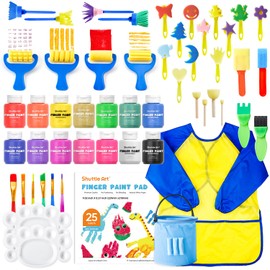 Shuttle Art Washable Kids Paint Set - 53 Pack with 14 Colors (60ml), Brushes, Finger Paint Pad, Sponge, Palette, Smock, Non-Toxic for Toddlers
