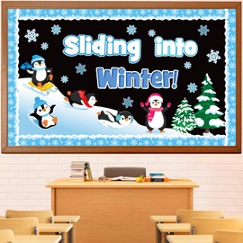 Winter Penguins Bulletin Board Set Winter Christmas Bulletin Board Classroom Decoration Snowflake Tree Penguins Cutouts School Home Window Wall Holiday Party Decor for Teacher(Sliding Into Winter)