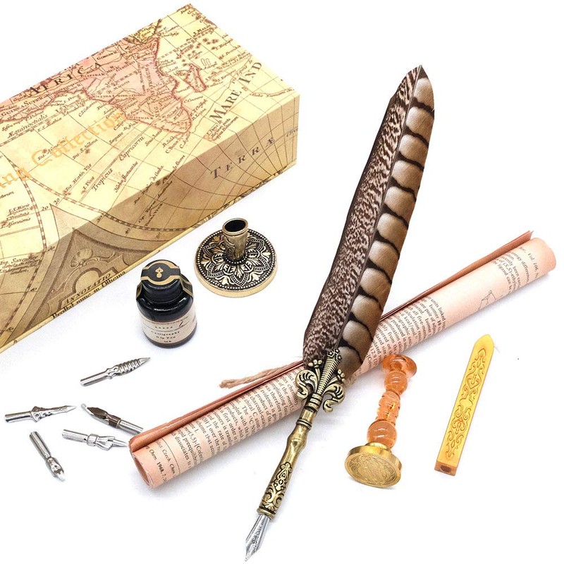 GC QUILL Antique Quill Pen Unique Half-Patterned Feather Pen Set