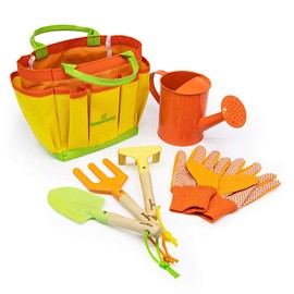Kinderific Gardening Set, Tool Kit, for Kids, STEM, Includes Tote Bag, Spade, Watering Can, Rake, Fork, Trowel and Gloves (Sunshine)