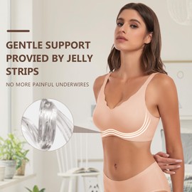 WOWENY Wireless Bras for Women No Underwire Seamless Bra Wavy Full Coverage Wide Strap V Neck Bralette Padded Push Up (Nude, M)